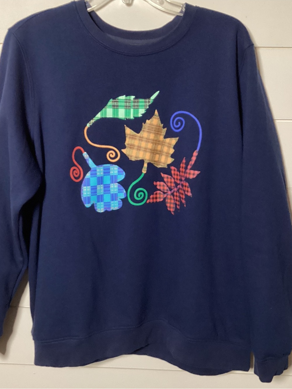 Navy Crewneck Sweatshirt with Plaid Autumn Leaf Appliqués